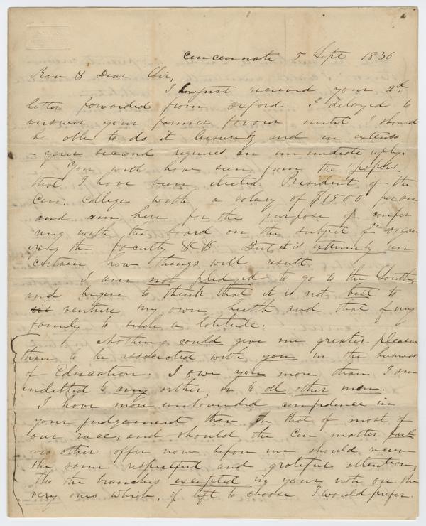 William Holmes McGuffey to Andrew Wylie, 5 September 1836: Page 1 of 4