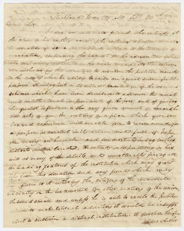 A.W. Rollins to Andrew Wylie, 25 September 1837: Page 1 of 4