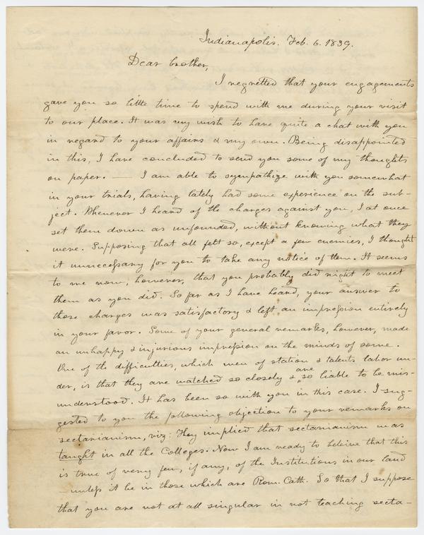 James W. McKennan to Andrew Wylie, 6 February 1839: Page 1 of 6