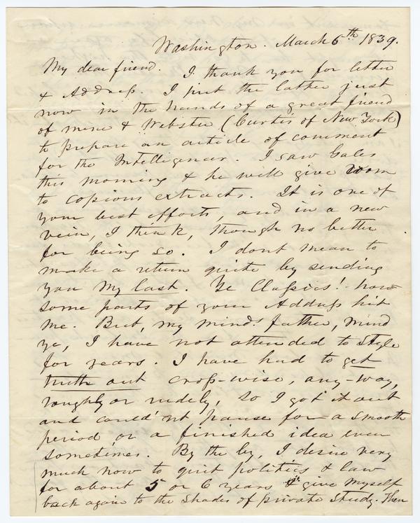 Henry A. Wise to Andrew Wylie, 6 March 1839: Page 1 of 4