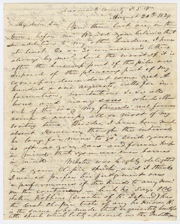 Henry A. Wise to Andrew Wylie, 24 August 1839: Page 1 of 7