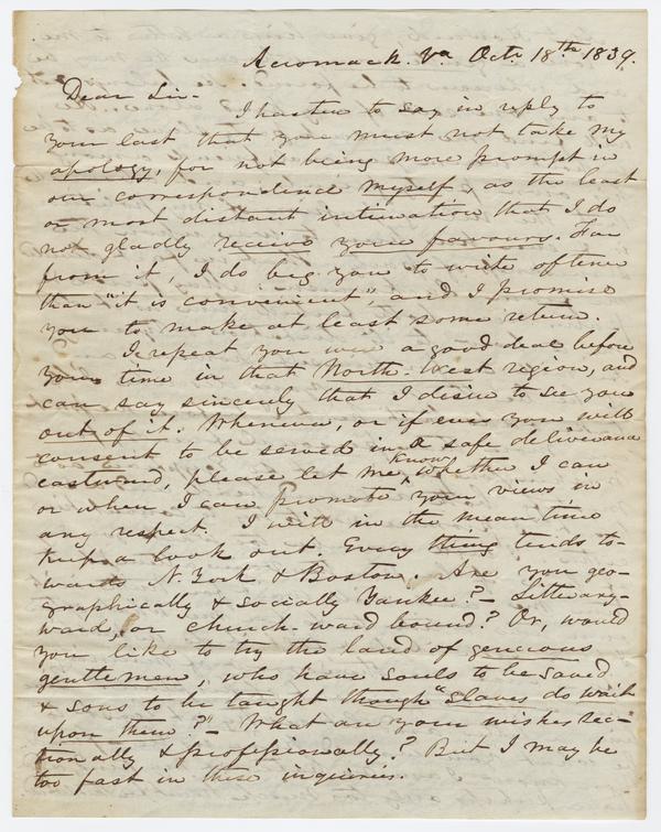 Henry Wise to Andrew Wylie, 18 October 1839: Page 1 of 4