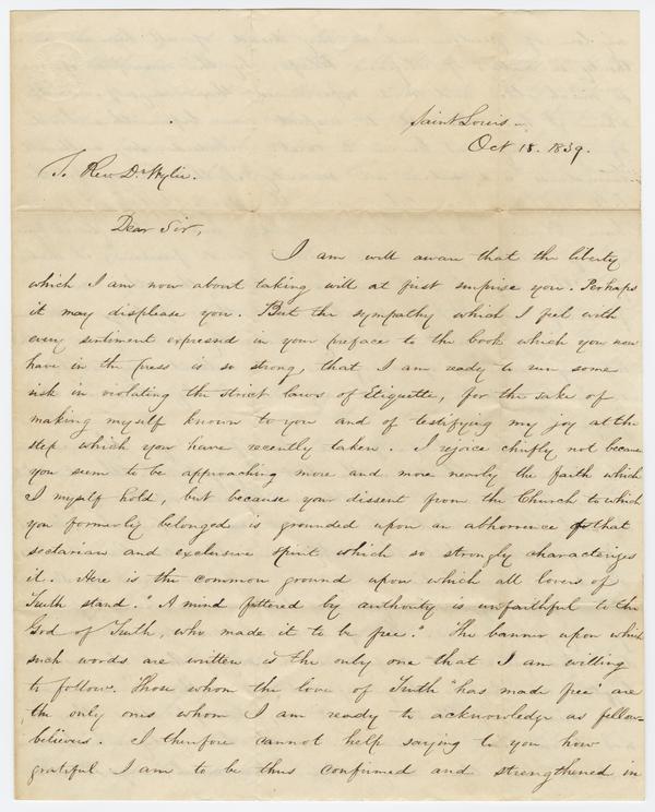 William G. Elliot to Andrew Wylie, 18 October 1839: Page 1 of 4
