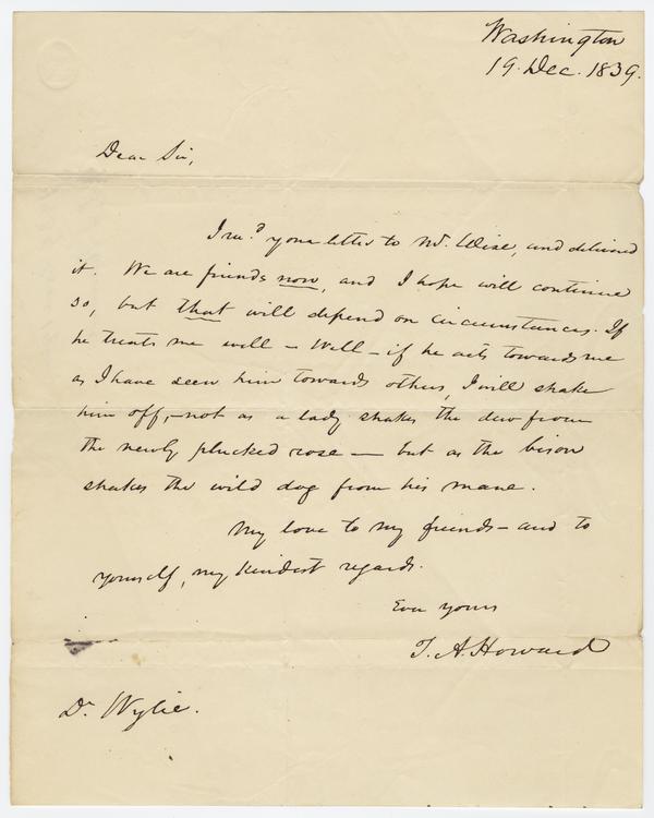 T.A. Howard to Andrew Wylie, 19 December 1839: Page 1 of 2