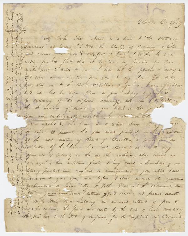 James Rollins to Andrew Wylie, 29 December 1839: Page 1 of 8