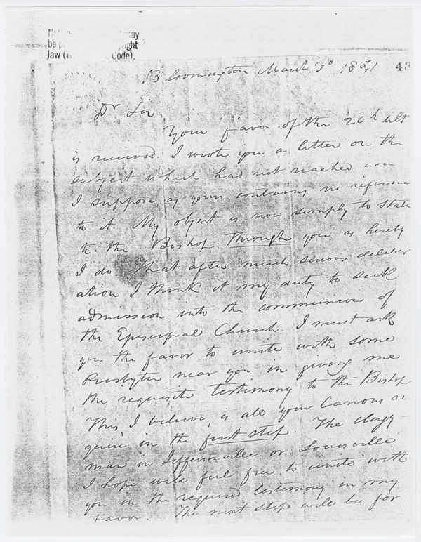 Andrew Wylie to Rev. J.B. Britton, 3 March 1841: Page 1 of 3