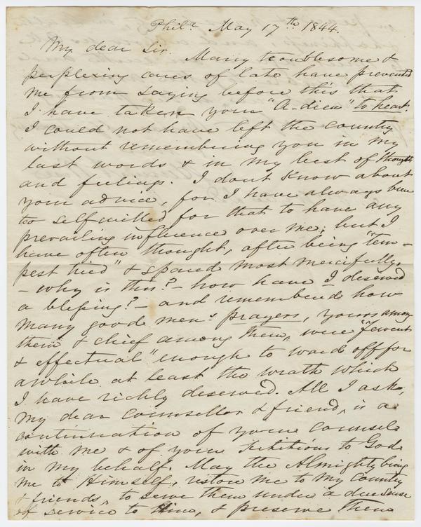 Henry A. Wise to Andrew Wylie, 17 May 1844: Page 1 of 2
