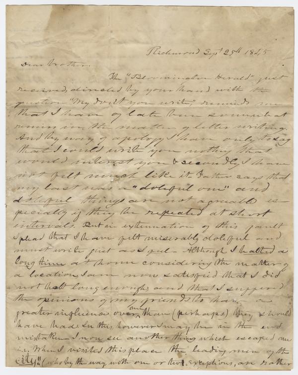 Andrew Wylie to Samuel Theophylact Wylie, 25 September 1845: Page 1 of 4