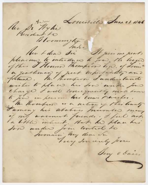 Bery O. Davis (?) to Andrew Wylie, 23 June 1846: Page 1 of 2