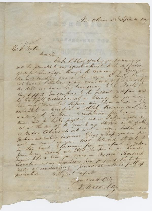 D. Macaulay to Andrew Wylie, 23 September 1847: Page 1 of 4
