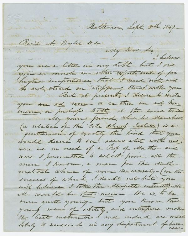 William Holmes McGuffey to Andrew Wylie, 5 September 1849: Page 1 of 4