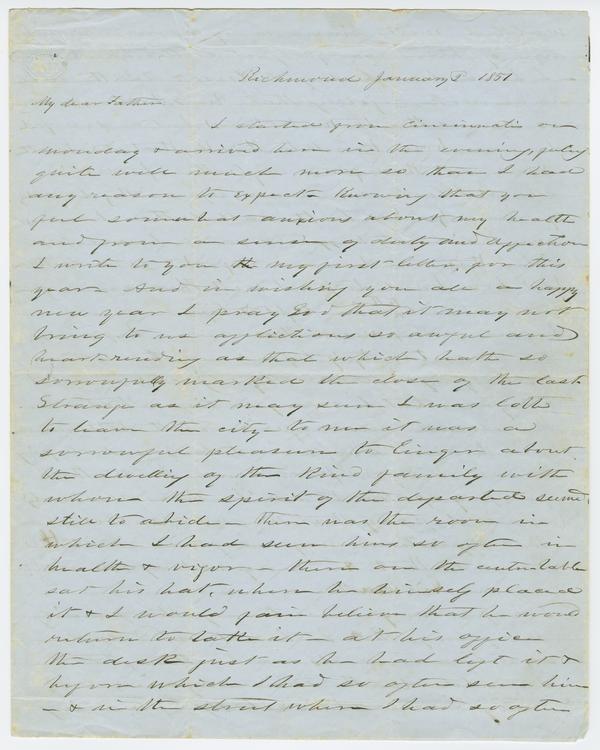 John H. Wylie to father Andrew Wylie, 2 January 1851: Page 1 of 4