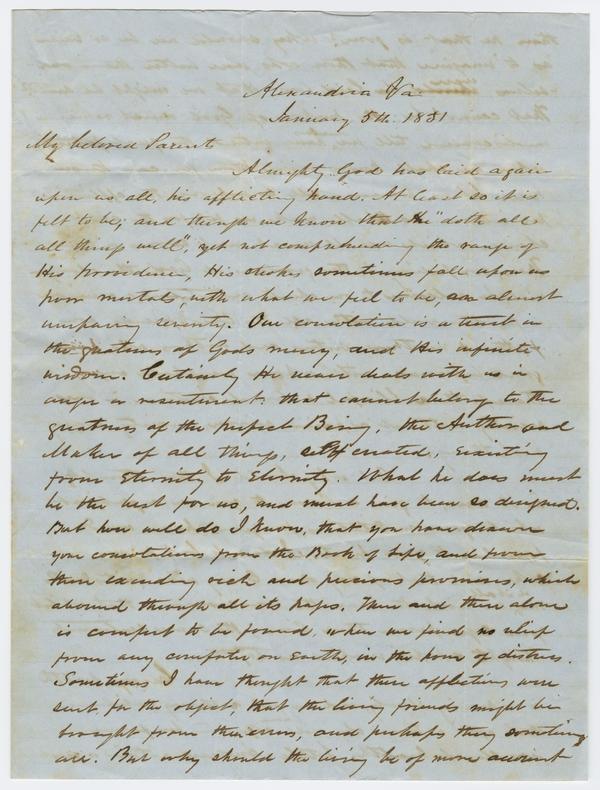 Andrew Wylie, Jr. to his parents Andrew and Margaret Ritchie Wylie, 5 January 1851: Page 1 of 4