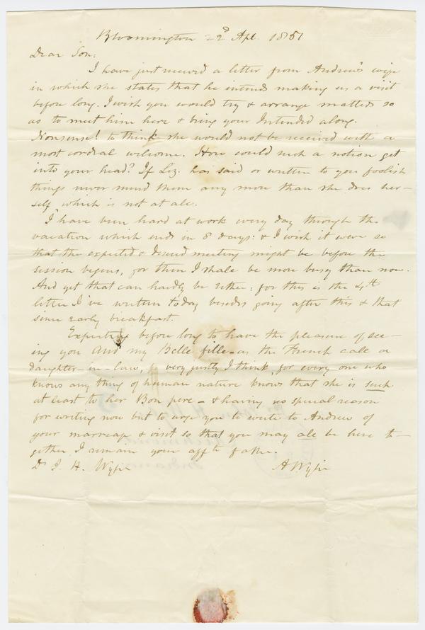 Andrew Wylie to John H. Wylie, 22 April 1851: Page 1 of 2
