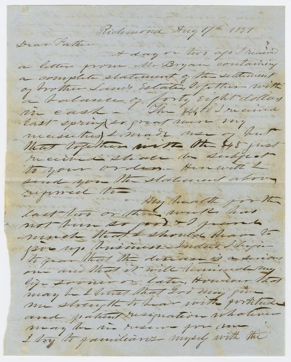 John H. Wylie to Andrew Wylie, 17 August 1851: Page 1 of 2