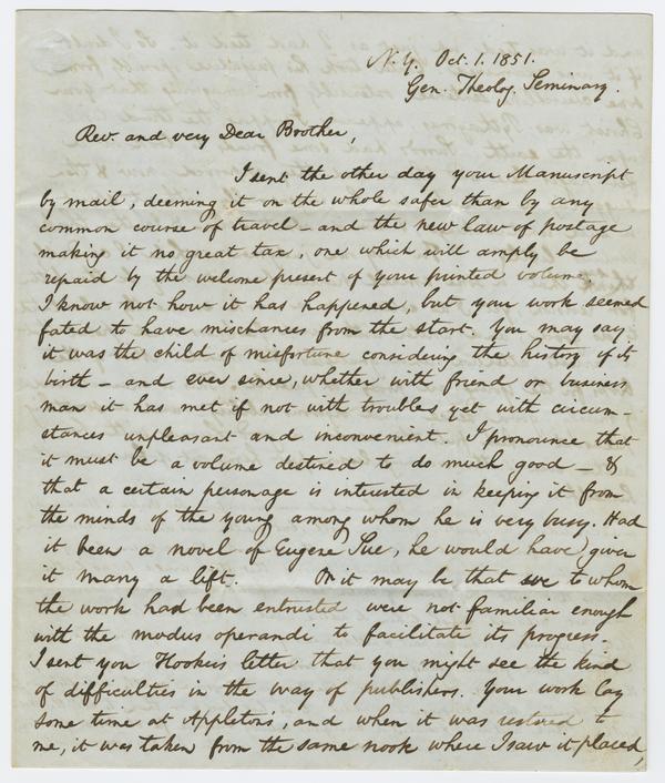 Samuel R. Johnson to Andrew Wylie, 1 October 1851: Page 1 of 4