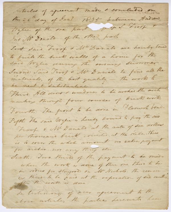 Agreement regarding the building of house for Andrew Wylie, 26 January 1835: Page 1 of 2