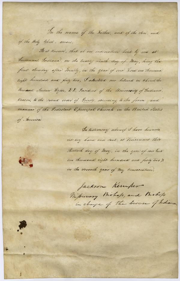 Document admitting Andrew Wylie to the "Sacred Order Of Priests" of the Episcopal Church, signed by Bishop Jackson Kemper, 30 May 1842: Page 1 of 1