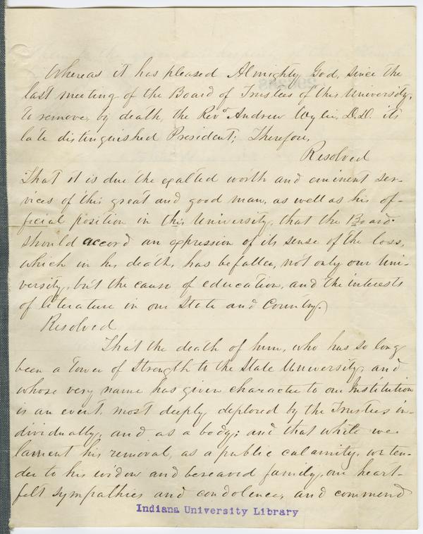 Resolutions of condolence on the death of President Andrew Wylie, 12 April 1852: Page 1 of 3