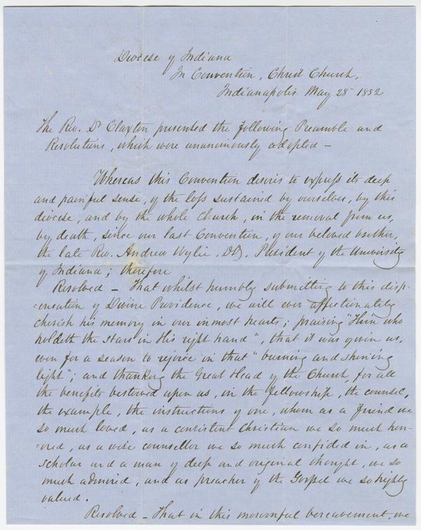 Resolution drawn up by the Convention of the Indiana Diocese on the Death of Andrew Wylie, 28 May 1852: Page 1 of 2