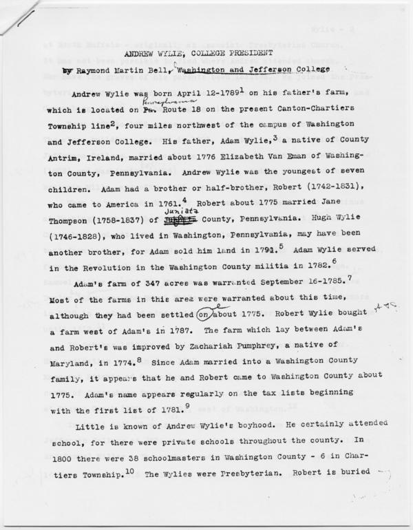 "Andrew Wylie, College President," paper by Raymond Martin Bell, undated: Page 1 of 7