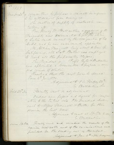 Indiana University faculty minutes, 1835-1964, bulk 1835-1947. 24 December 1869. (Minutes, 1835-1964, Volume III, October 1865-June 1872): Page 1 of 1