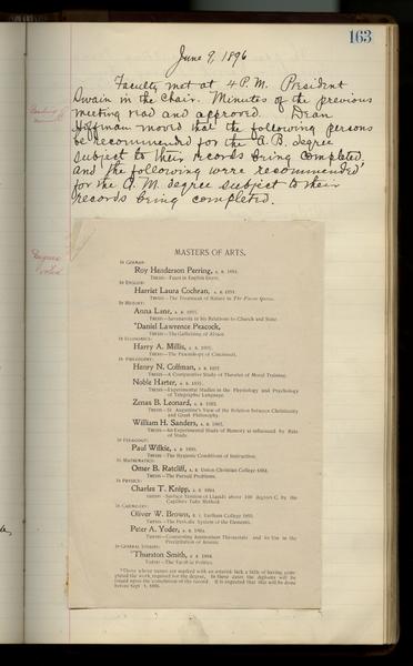 Indiana University faculty minutes, 1835-1964, bulk 1835-1947. 9 June 1896. (Minutes, 1835-1964, Volume V, September 1887–June 1909): Page 1 of 3