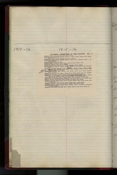 Indiana University faculty minutes, 1835-1964, bulk 1835-1947. Standing Committees of the Faculty, 1915-1916. (Minutes, 1835-1964, Volume VIII, October 1915–December 1918): Page 1 of 1