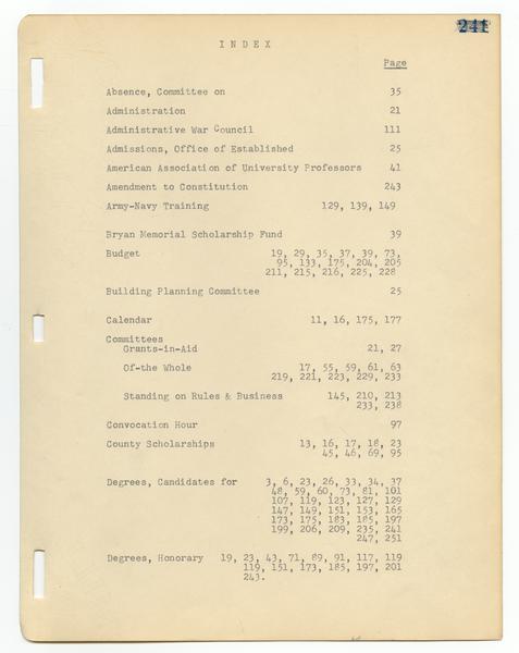 Indiana University faculty minutes, 1835-1964, bulk 1835-1947. Index. (Minutes, 1835-1964, Volume XVI, August 1945-October 1964): Page 1 of 11