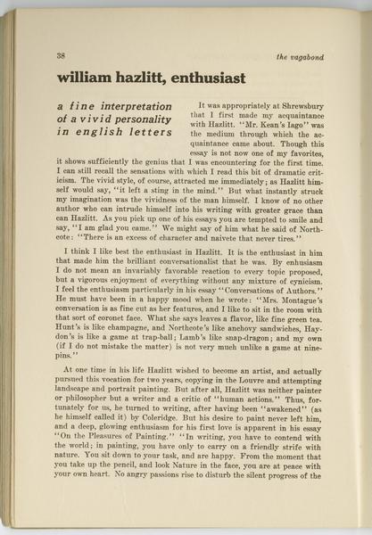 The vagabond.. No. 1, October 1929, "William Hazlitt, Enthusiast," M.G.L.: Page 1 of 4