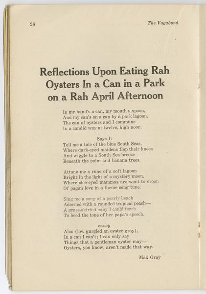 The vagabond.. No. 4, April 1931, "Reflections Upon Eating Rah Oysters in a Can in a Park on a Rah April Afternoon," [Poem], Max Grey.: Page 1 of 1