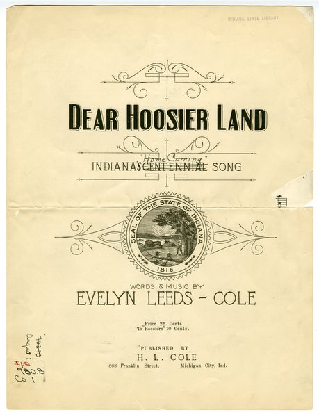 Cole, Evelyn Leeds. Dear hoosierland. Michigan City, Ind.: H. L. Cole, 1916.: Page 1 of 3