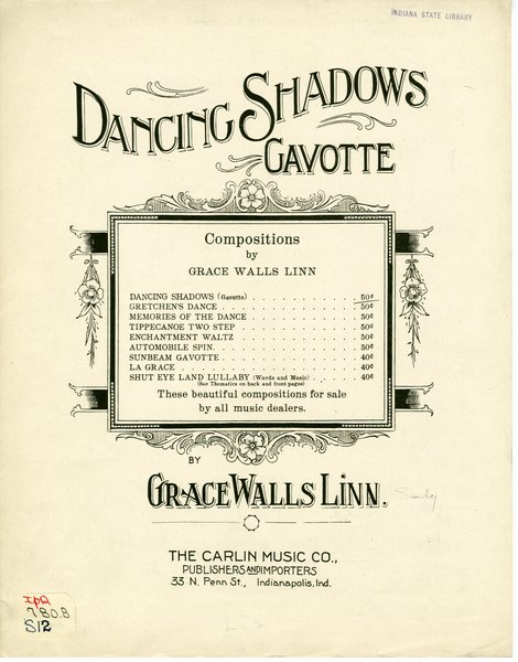 Sandy, Grace Linn. Dancing shadows : gavotte. Indianapolis, Ind.: Carlin Music Co., 1911.: Page 1 of 6