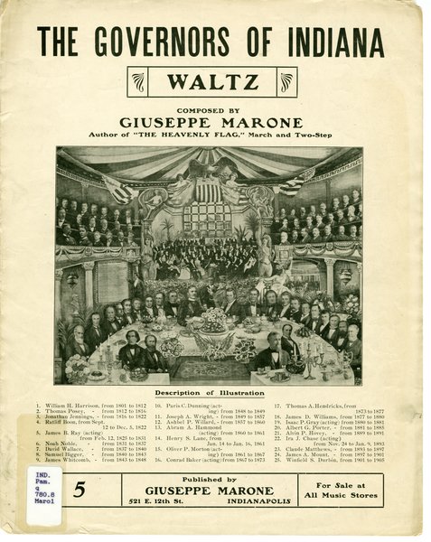 Marone, Giuseppe. Governors of Indiana waltz. Indianapolis: Giuseppe Marone, 1904.: Page 1 of 5