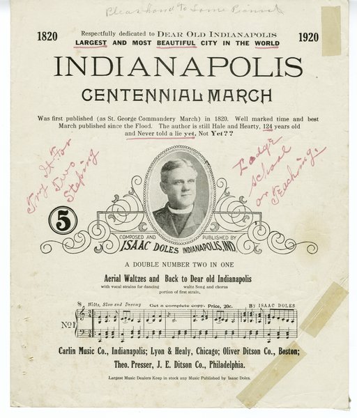 Doles, Isaac. Indianapolis centennial march. Indianapolis, Ind. [i.e. Indiana]: Isaac Doles, 1920.: Page 1 of 4
