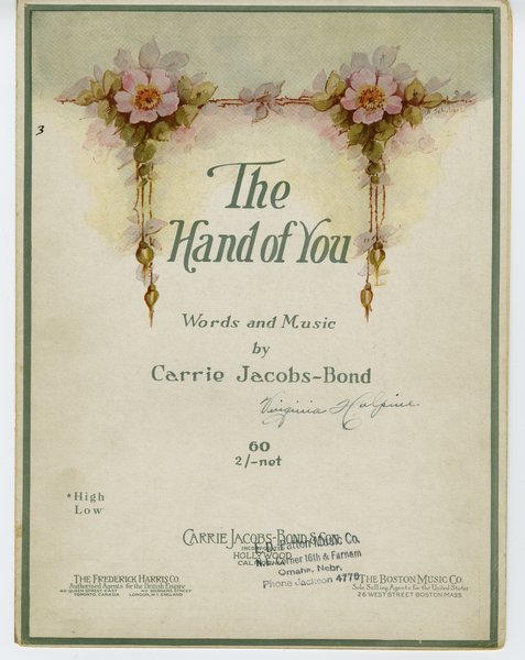 Jacobs-Bond, Carrie. Hand of you. Hollywood, CA: Carrie Jacobs-Bond & Son, 1920.: Page 1 of 8