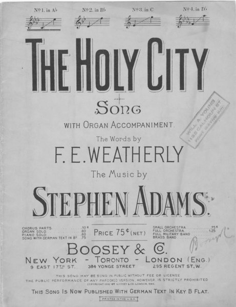 Adams, Stephen, Weatherly, Frederic Edward. Holy city. New York: Boosey & Co., 1892.: Page 1 of 12