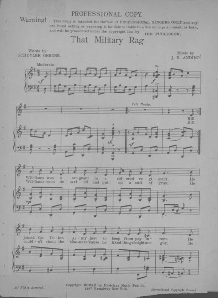Andino, J. E., Greene, Schuyler. That military rag. New York: Musicians Music Pub. Co., 1912.: Page 1 of 4