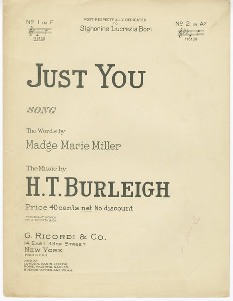 Burleigh, H. T. (Harry Thacker), Miller, Madge Marie. Just you. New York: G. Ricordi & Co. Inc., 1915.: Page 1 of 5