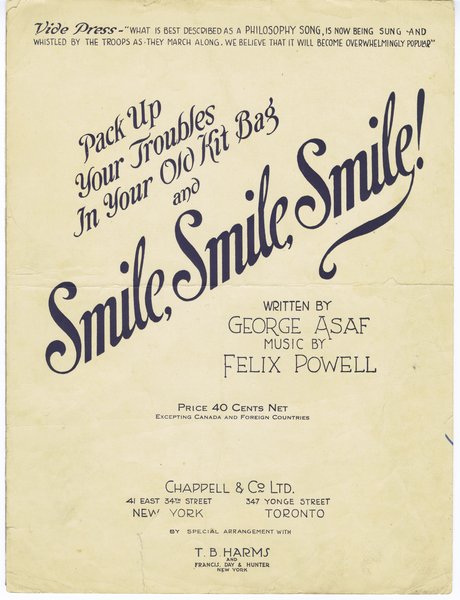 Powell, Felix, Asaf, George. Pack up your troubles in your old kit-bag and smile, smile, smil. New York: Chappell & Co. Ltd., 1915.: Page 1 of 6