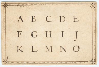 Set 1. A B C. Set of alphabet cards with letters, vowels, syllables, words, and four line verses. Nos. 1-23, 25-52. With ink-drawn borders. Pasted on verso, printed hand-colored pictures of people, animals, and birds. 1738. 51 items.: Page 1 of 102