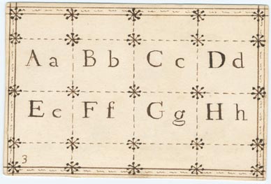 Set 1. A B C. Set of alphabet cards with letters, vowels, syllables, words, and four line verses. Nos. 1-23, 25-52. With ink-drawn borders. Pasted on verso, printed hand-colored pictures of people, animals, and birds. 1738. 51 items.: Page 5 of 102