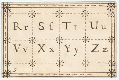 Set 1. A B C. Set of alphabet cards with letters, vowels, syllables, words, and four line verses. Nos. 1-23, 25-52. With ink-drawn borders. Pasted on verso, printed hand-colored pictures of people, animals, and birds. 1738. 51 items.: Page 9 of 102