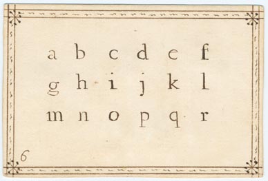 Set 1. A B C. Set of alphabet cards with letters, vowels, syllables, words, and four line verses. Nos. 1-23, 25-52. With ink-drawn borders. Pasted on verso, printed hand-colored pictures of people, animals, and birds. 1738. 51 items.: Page 11 of 102