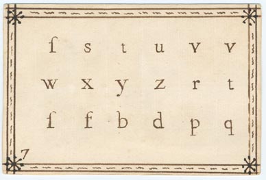 Set 1. A B C. Set of alphabet cards with letters, vowels, syllables, words, and four line verses. Nos. 1-23, 25-52. With ink-drawn borders. Pasted on verso, printed hand-colored pictures of people, animals, and birds. 1738. 51 items.: Page 13 of 102