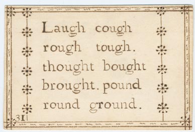 Set 1. A B C. Set of alphabet cards with letters, vowels, syllables, words, and four line verses. Nos. 1-23, 25-52. With ink-drawn borders. Pasted on verso, printed hand-colored pictures of people, animals, and birds. 1738. 51 items.: Page 59 of 102