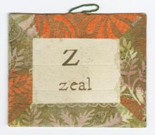 Set 4. A and. Set of 26 unnumbered alphabet/word cards with thread hangers. Each bordered and backed with brown, orange, and green Dutch paper. 26 items.: Page 51 of 52