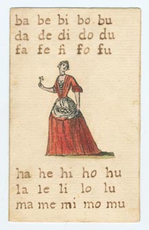 Set 9. Ba be bi bo bu. Set of cards with vowel sounds, syllables, and words. Nos. 2-14, 16-21, and one unnumbered card (no. [1], with picture of woman pasted thereon and placed first in sequence with sounds: ba, be, bi, bo, bu). Verso blank. 20 items.: Page 1 of 40