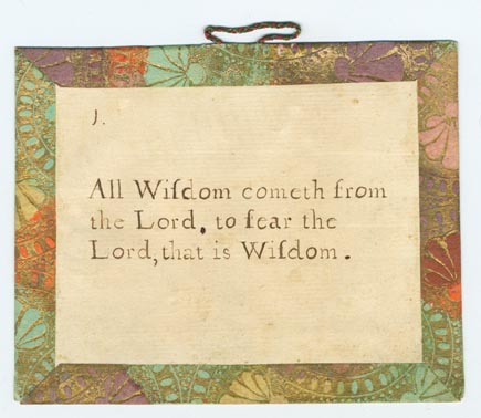 Set 15. All Wisdom cometh from the Lord. Set of lesson cards, Nos. 1-8, religious in nature. Borders and verso in brown, orange, and green Dutch paper with cord hangers. 8 items.: Page 1 of 16