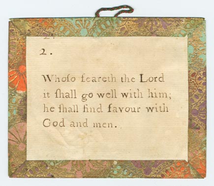 Set 15. All Wisdom cometh from the Lord. Set of lesson cards, Nos. 1-8, religious in nature. Borders and verso in brown, orange, and green Dutch paper with cord hangers. 8 items.: Page 3 of 16